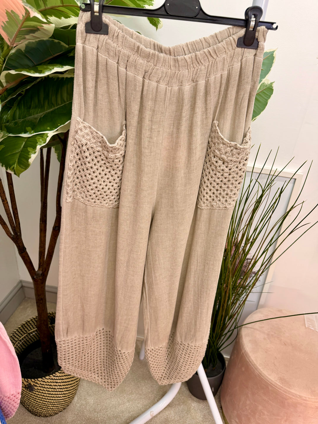 Ladies Crochet Pocket Harem Teabag Linen Trousers light beige