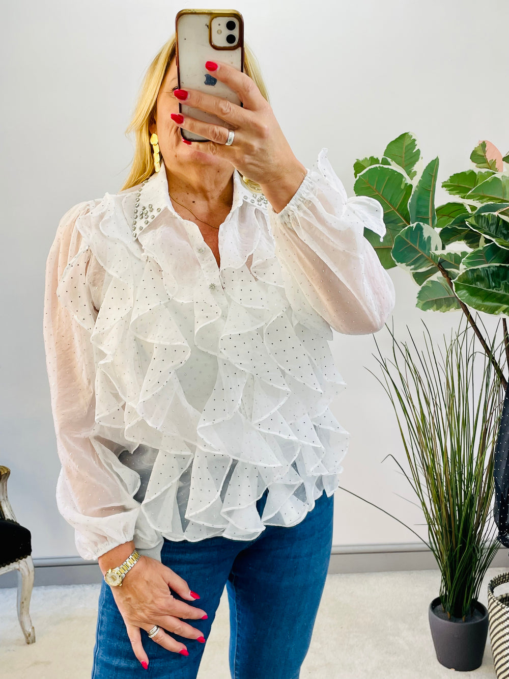 LADIES WOMENS SHEER DIAMANTE JEWELLED BLOUSE SHIRT - BLACK & WHITE
