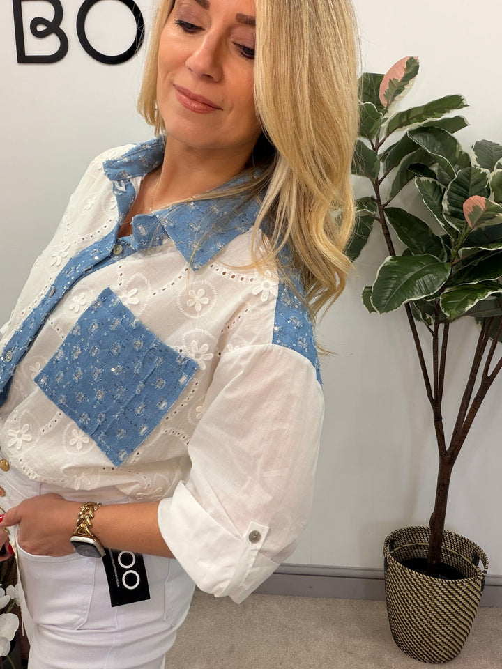 Ladies Fashion White Broderie Anglaise Shirt Blouse