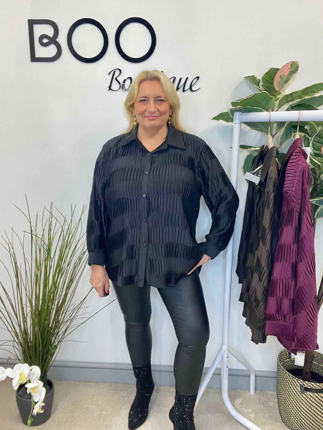 LADIES PLEATED OVERSIZE SHIRT BLOUSE - BLACK, PLUM & BROWN