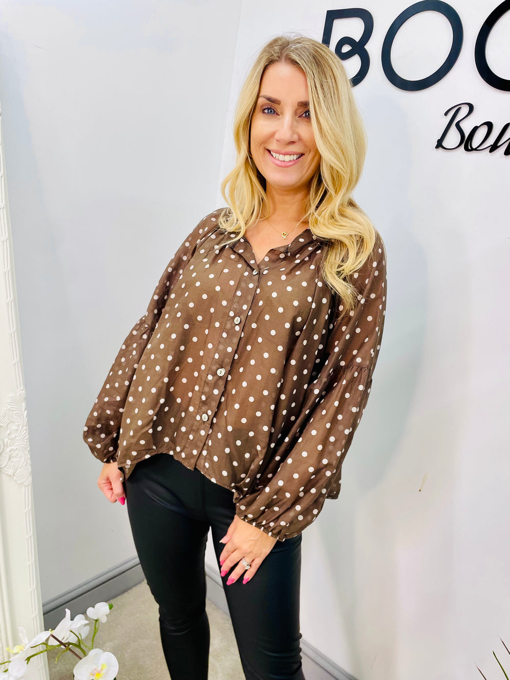 LADIES POLKA DOT LOOSE FIT BLOUSE TOP - BEIGE, BLACK & BROWN