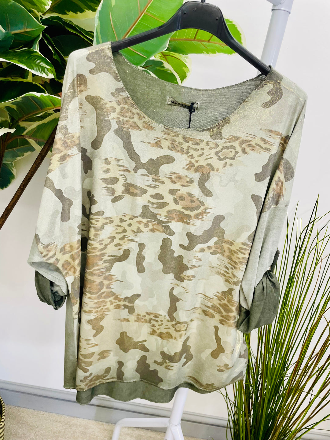 LADIES CAMO LUREX CASUAL TOP - WHITE, KHAKI & BEIGE