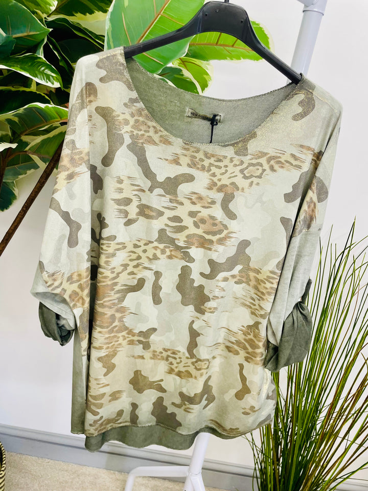 LADIES CAMO LUREX CASUAL TOP - WHITE, KHAKI & BEIGE