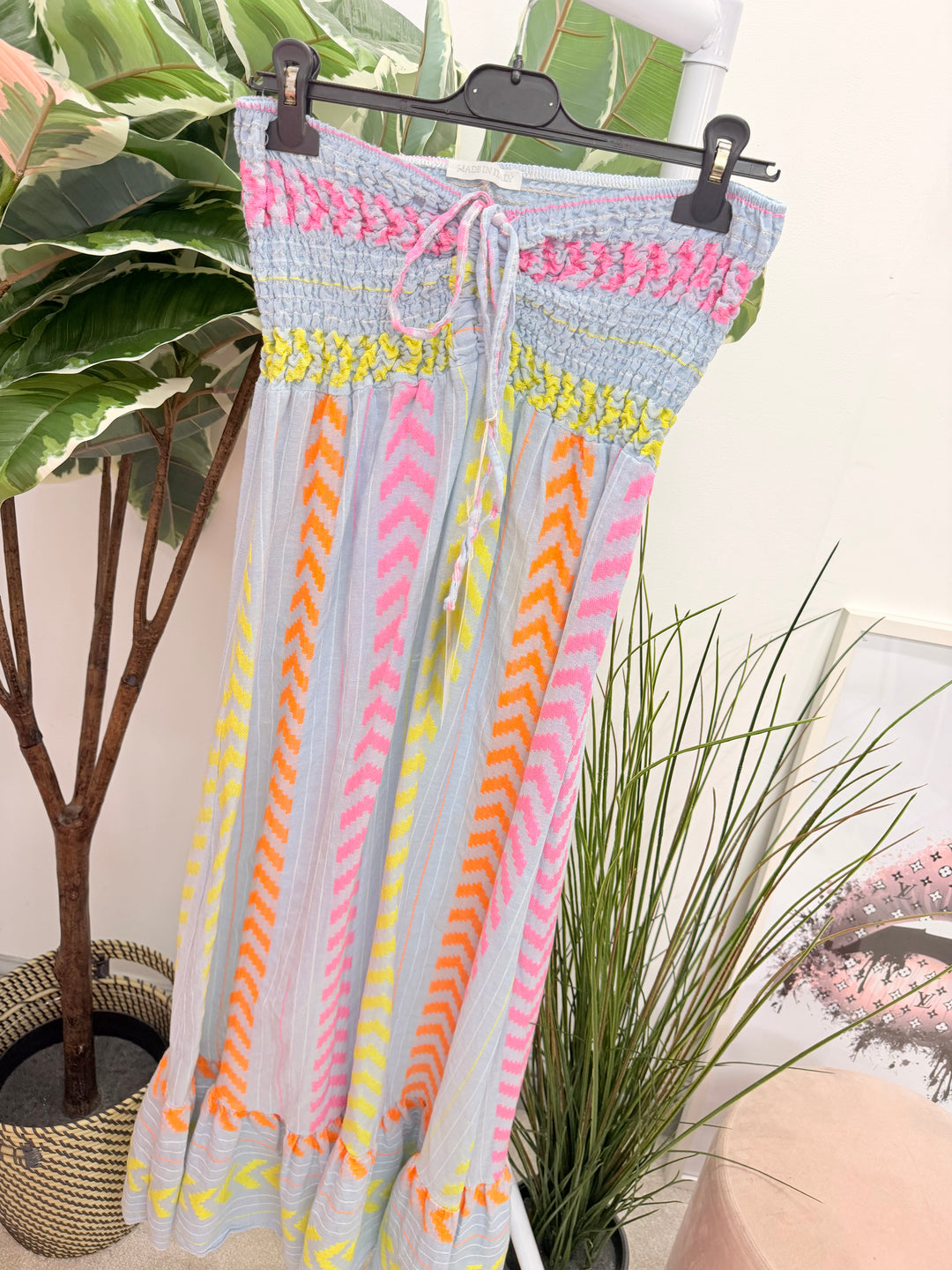 Ladies Fashion Linen Aztec Print Summer Maxi Dress - Blue, Lemon, Pink