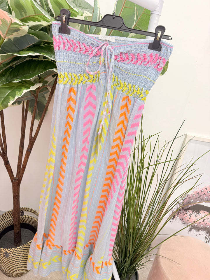 Ladies Fashion Linen Aztec Print Summer Maxi Dress - Blue, Lemon, Pink