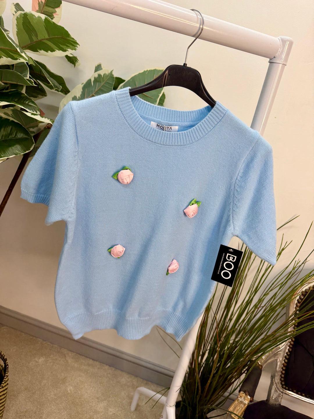 Ladies Fashion Pretty Short Sleeve Jumper - white and blue