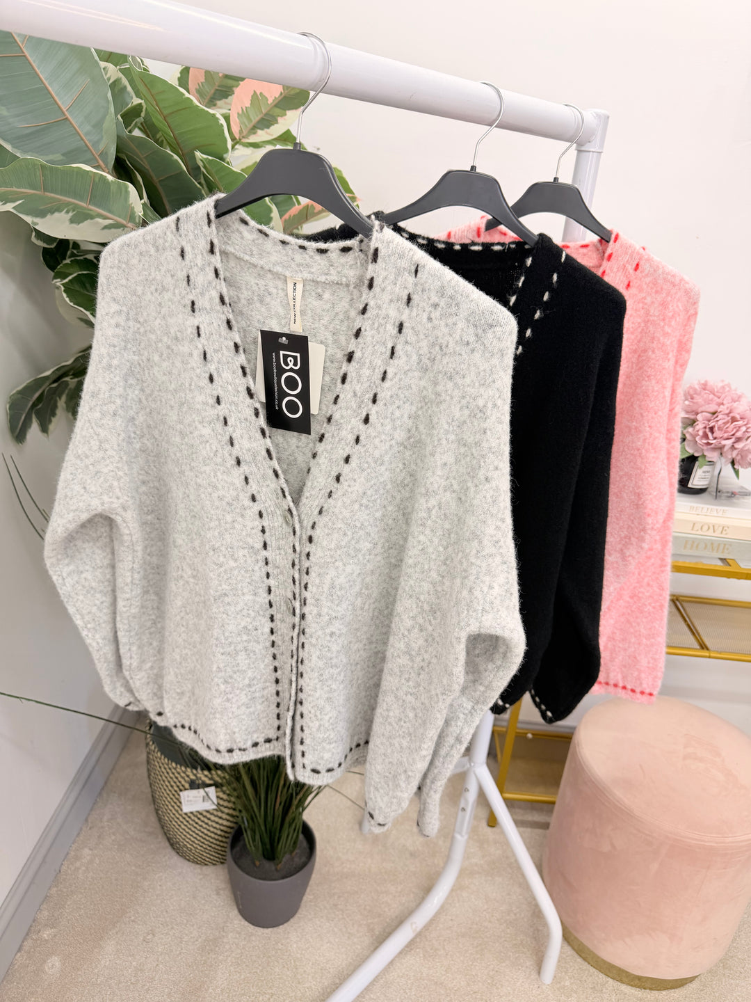 Ladies Fashion Slouch Knitted Cardigan - Black, Grey & Pink