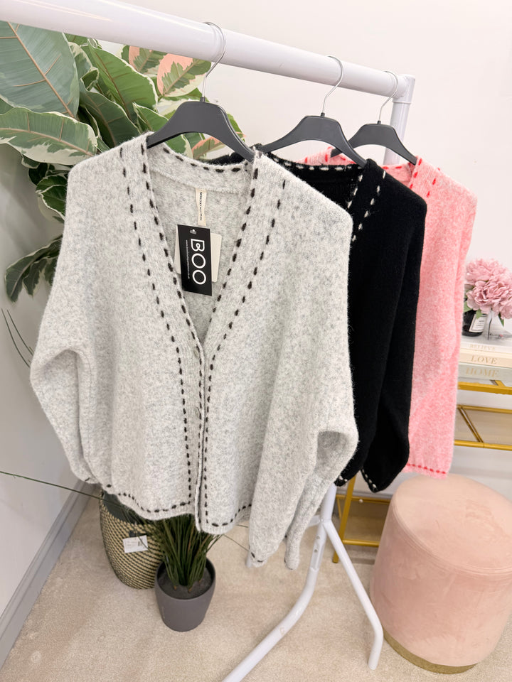 Ladies Fashion Slouch Knitted Cardigan - Black, Grey & Pink
