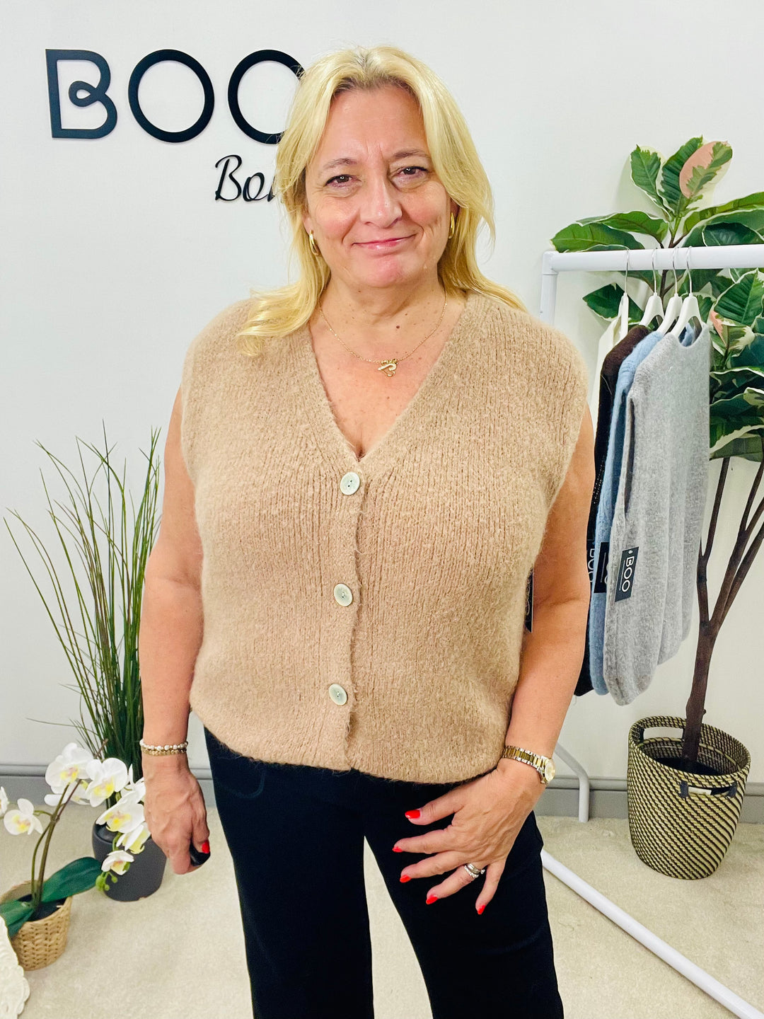 LADIES KNITTED WAISTCOAT - WHITE, BLUE, GREY, CAMEL & BROWN