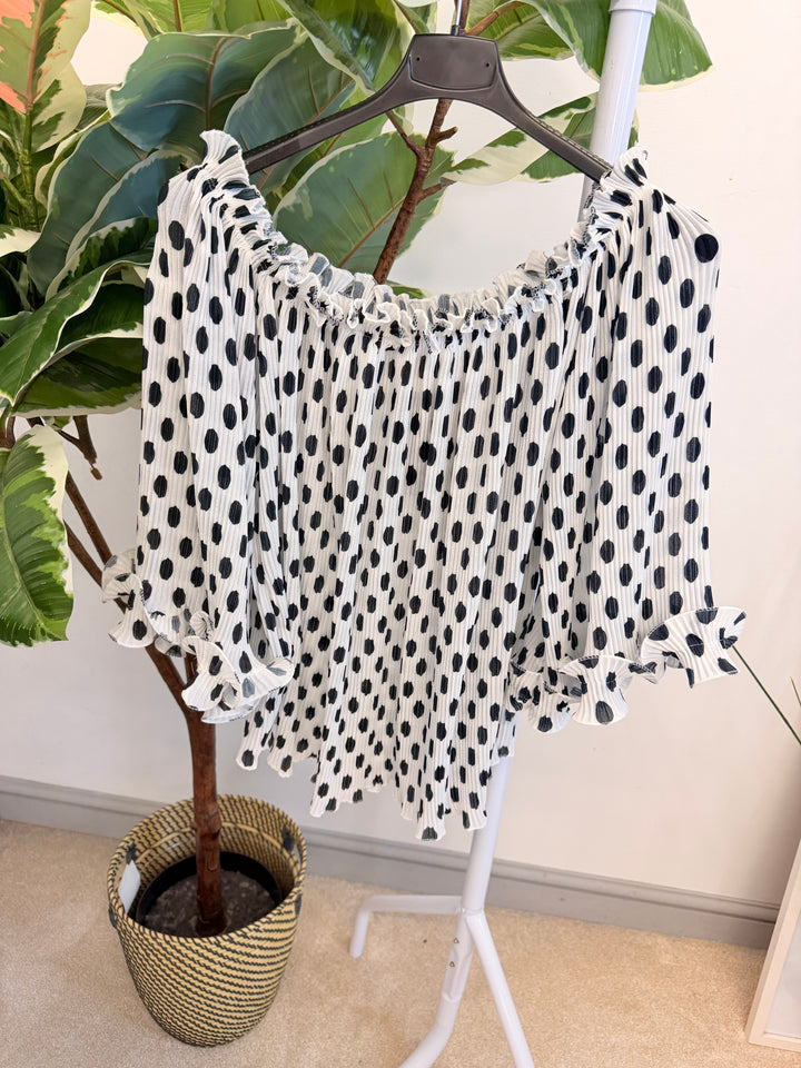 Ladies Pleated Polka Dot Bardot Top - White, Black, Navy & Beige