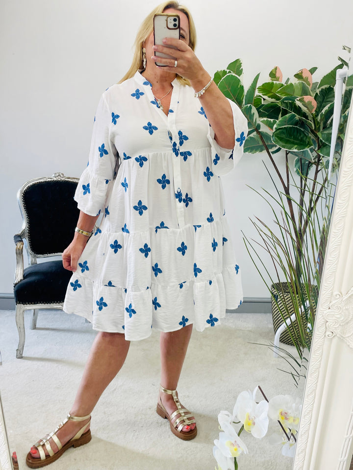 LADIES WOMENS WHITE SUMMER SMOCK CASUAL DRESS