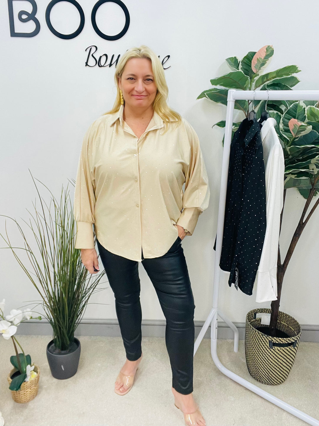 LADIES SPARKLY STRETCH BLOUSE SHIRT - WHITE, BLACK, CHAMPAGNE