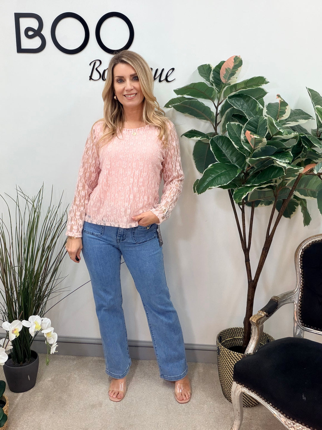 LADIES FASHION LACY LONG SLEEVE TOP - LEMON, WHITE, BLUE & PINK
