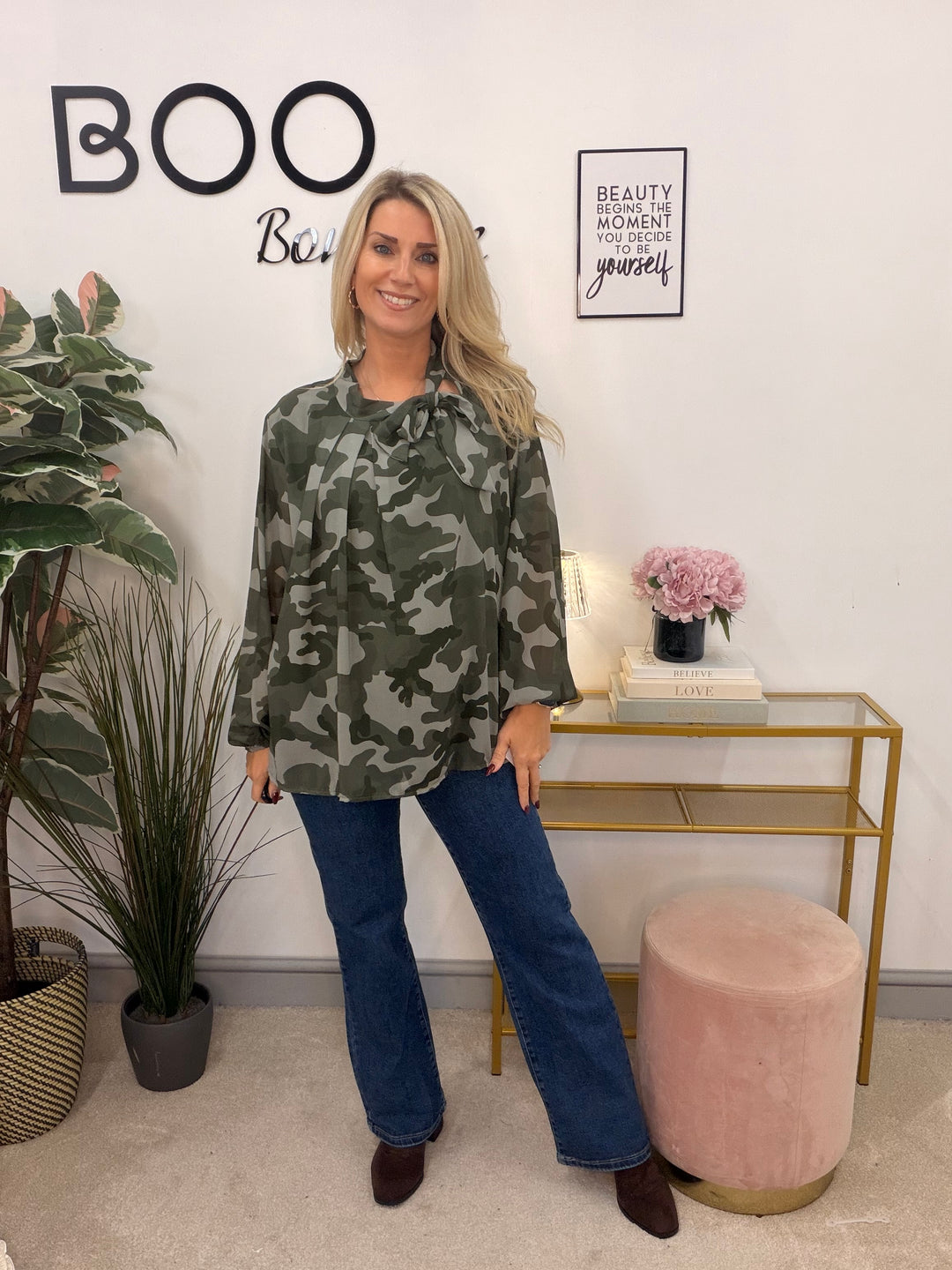 Womens sheer chiffon camouflage high neck blouse top