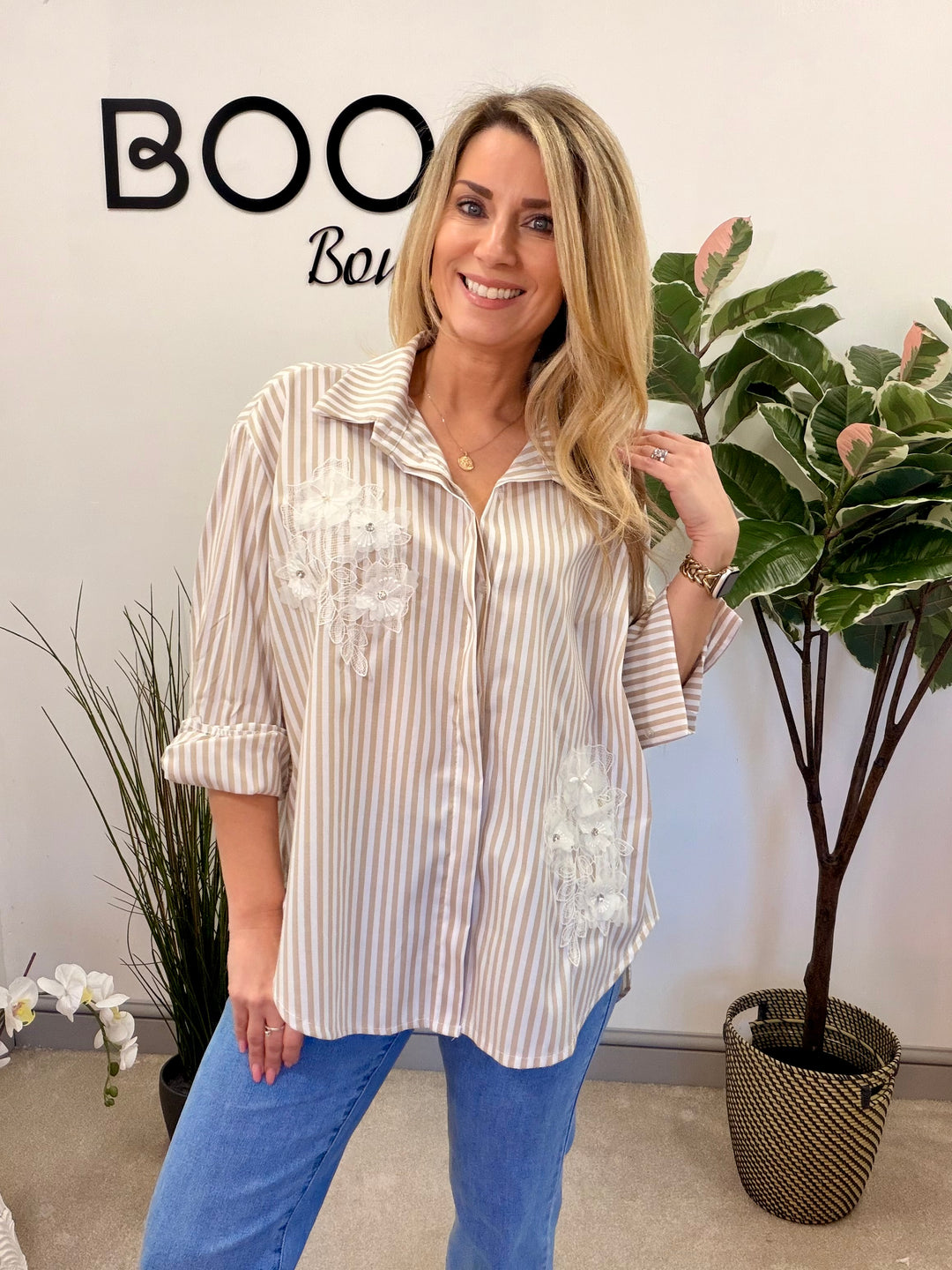 LADIES FASHION STRIPE COTTON SHIRT - YELLOW, BEIGE & BLUE