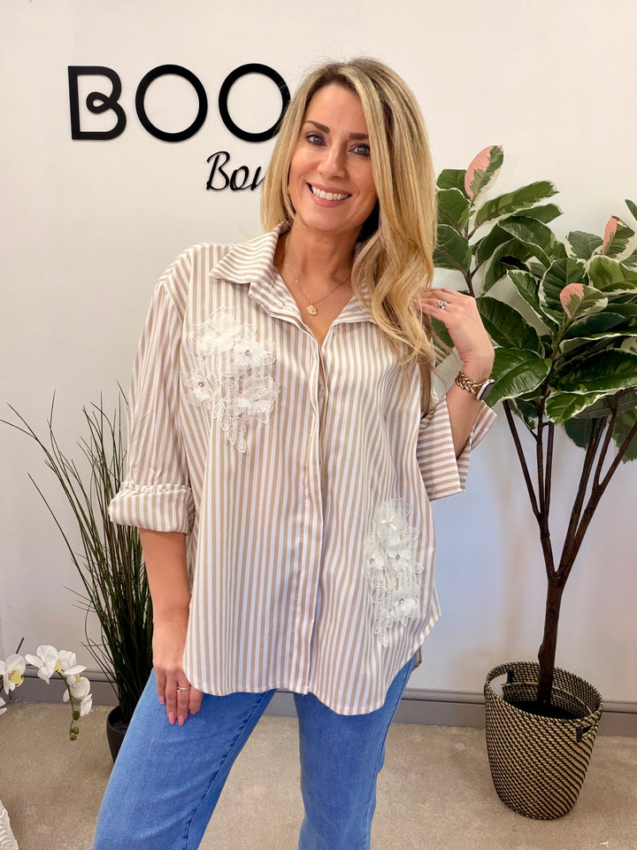 LADIES FASHION STRIPE COTTON SHIRT - YELLOW, BEIGE & BLUE