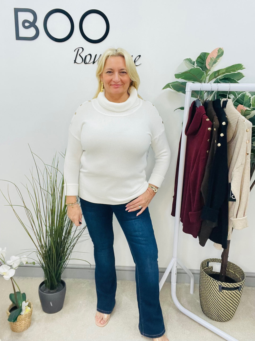 LADIES SOFT KNIT ROLL NECK JUMPER - WHITE, BLACK, BURGUNDY, BROWN & BEIGE