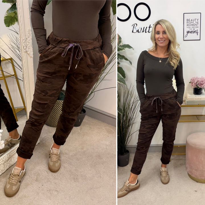 Ladies Fashion Camouflage Stretch Magic Trousers - Brown, Khaki & Grey 