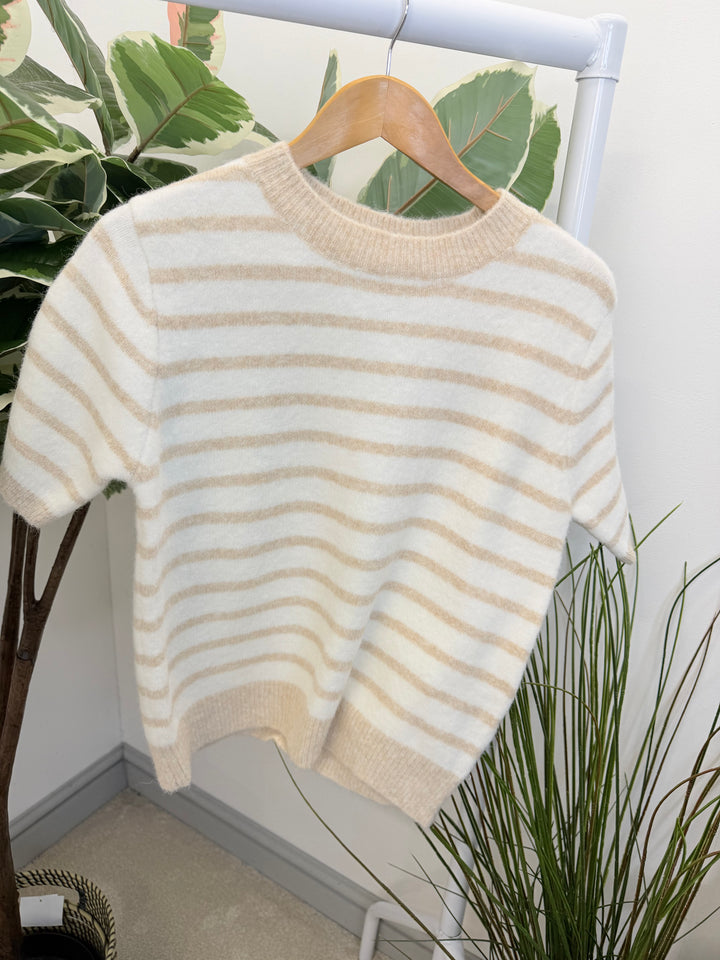 LADIES CREAM STRIPED SHORT SLEEVE JUMPER - PINK, BLUE & BEIGE