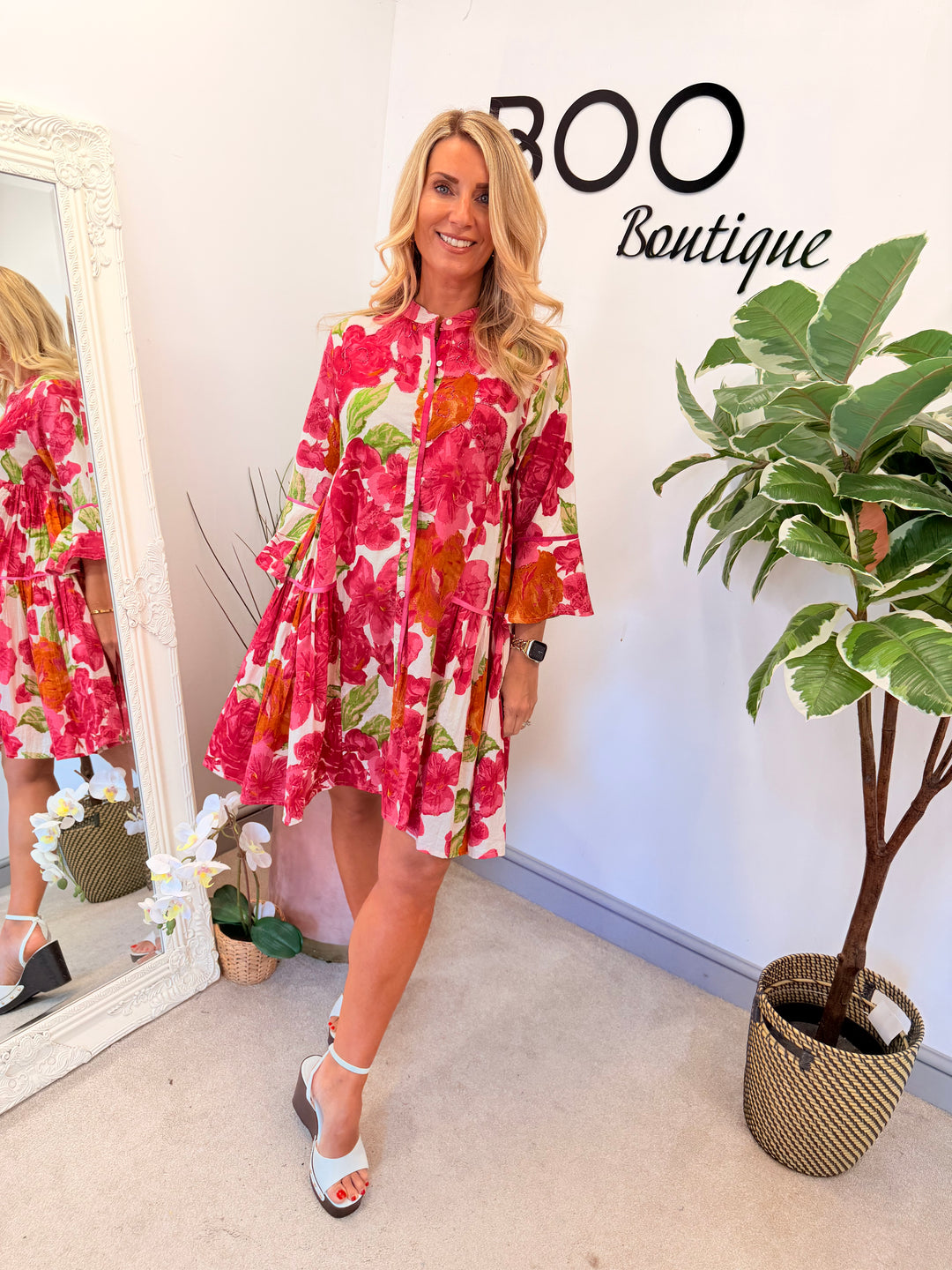 Ladies Pink Flower Print Swing Smock Summer Mini Dress