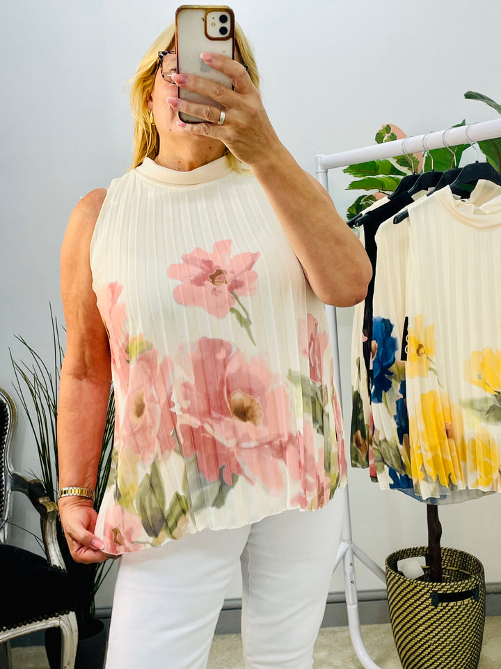 LADIES PLEATED FLOWER PRINT CHIFFON TOP - BLACK, KHAKI, LEMON, PINK & NAVY