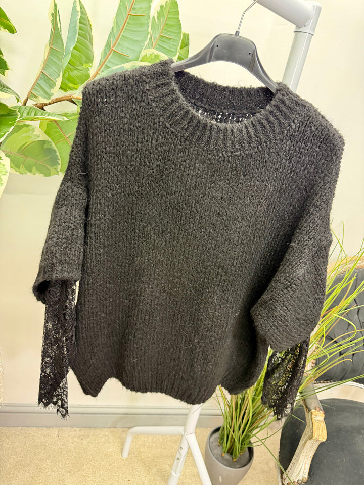 LADIES FASHION CHUNKY KNIT LACE SLEEVE JUMPER - PINK, BLUE, BEIGE, BLACK & BROWN