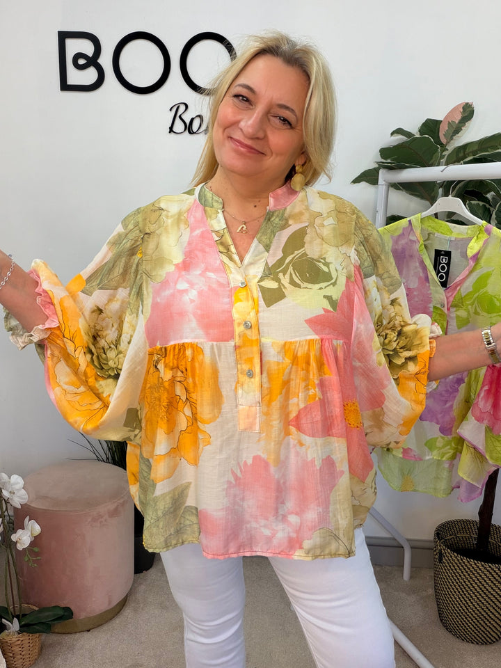 Ladies Fashion Boho Style Grandad Shirt - pink and khaki