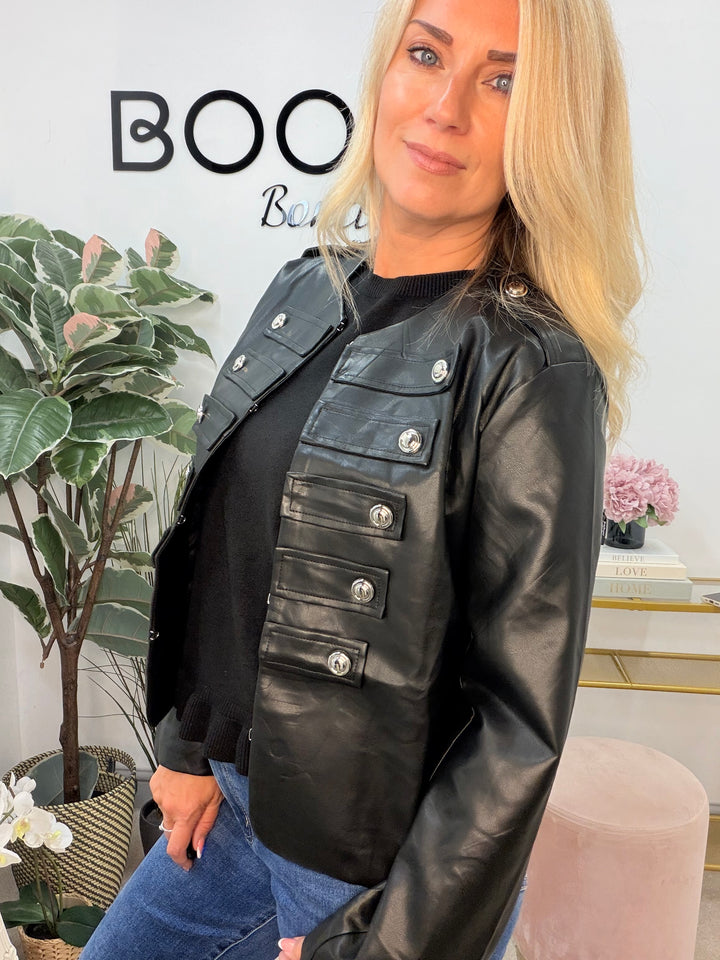 Ladies Fashion Faux Leather Military Jacket - Black & Brown