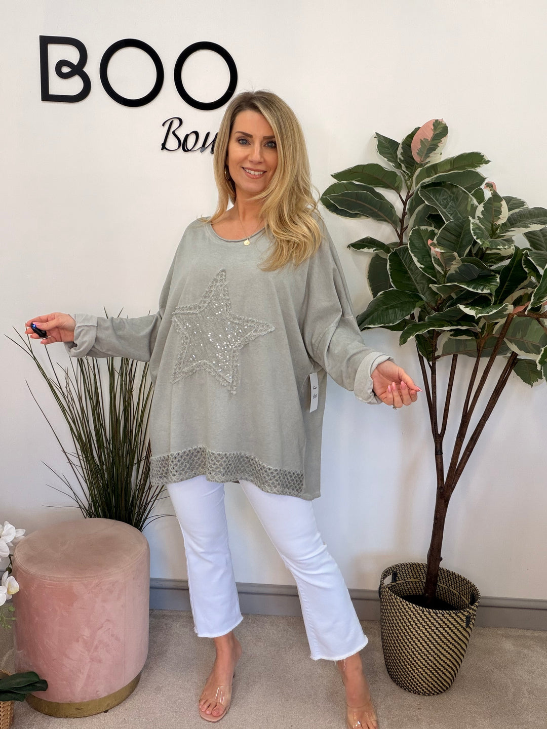 Ladies Fashion Oversize Star Sweatshirt style Top - black, white, pink, raspberry & grey