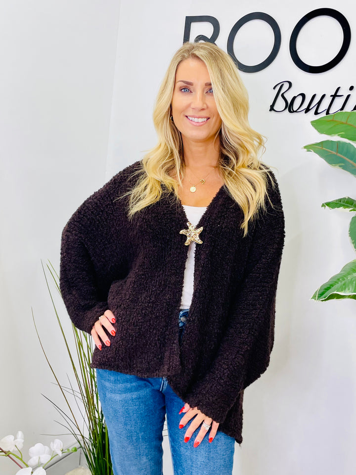 LADIES POPCORN KNIT CARDIGAN - BLACK, BURGUNDY, BROWN, BEIGE, BLUE & PINK