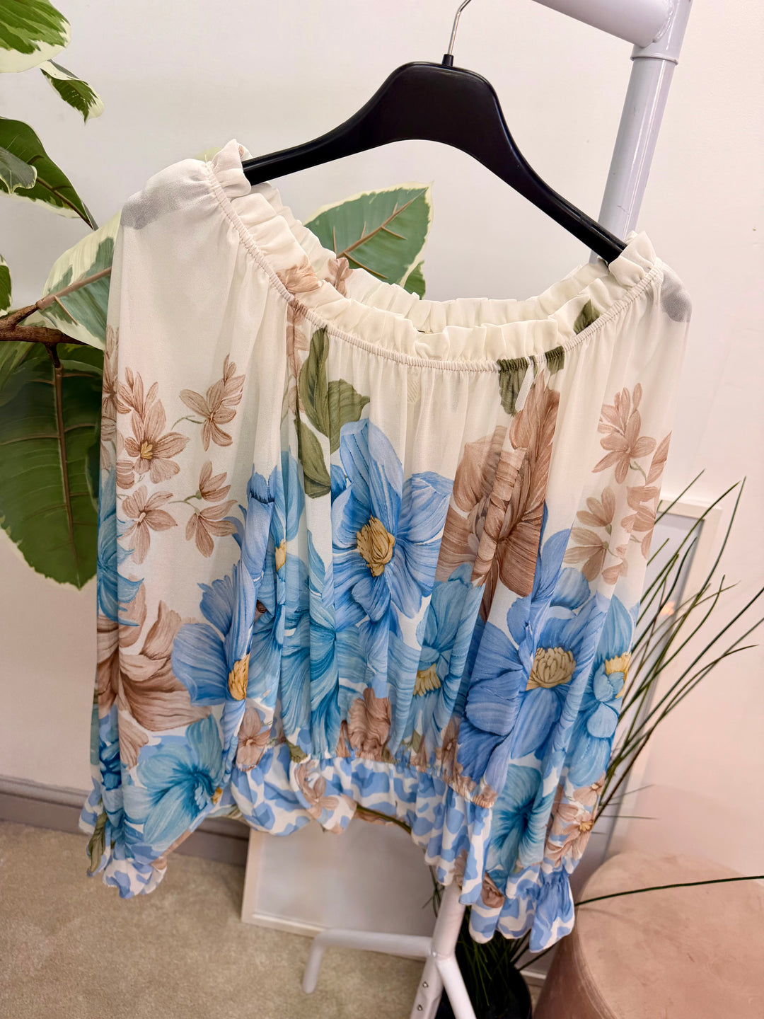 Ladies Fashion Flower Print Bardot Top Blouse - Pink, Lemon, Green & Blue