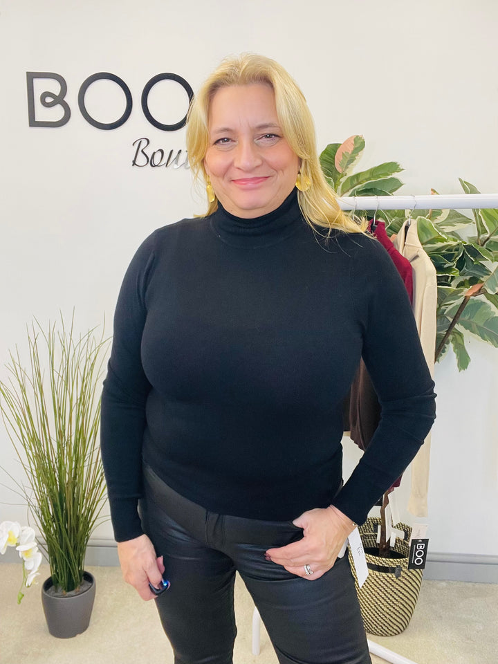 LADIES FINE KNIT ROLL NECK JUMPER - BERRY, BLACK, BEIGE & BROWN