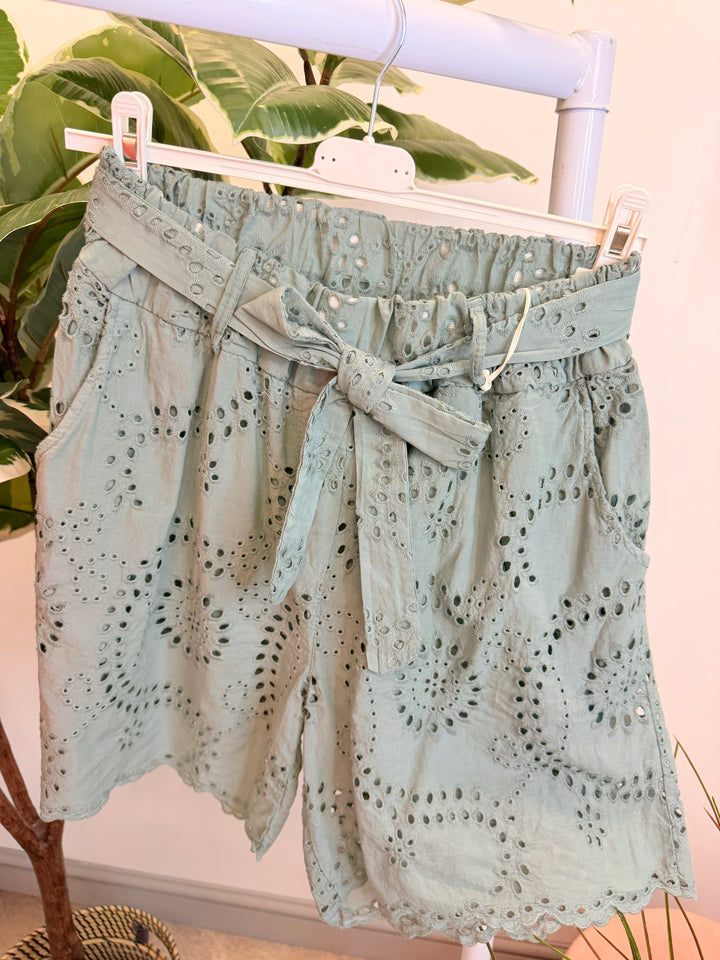 Ladies Broderie Anglaise Cotton Shorts - Brown, White, Coral, Khaki, Black & Beige