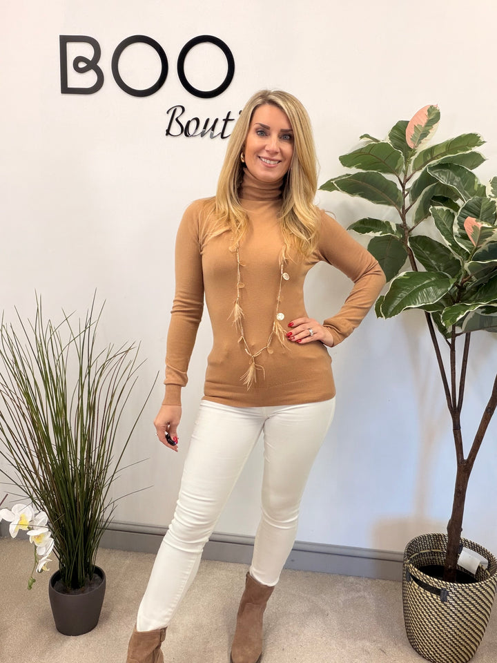 LADIES FINE KNIT ROLL NECK JUMPER - BERRY, BLACK, BEIGE, RED, KHAKI BROWN