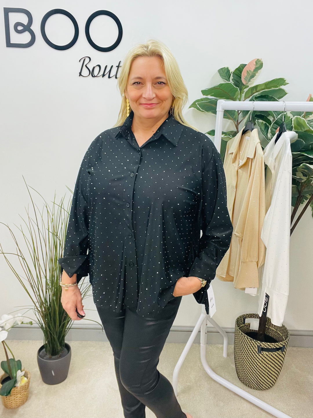 LADIES SPARKLY STRETCH BLOUSE SHIRT - WHITE, BLACK, CHAMPAGNE