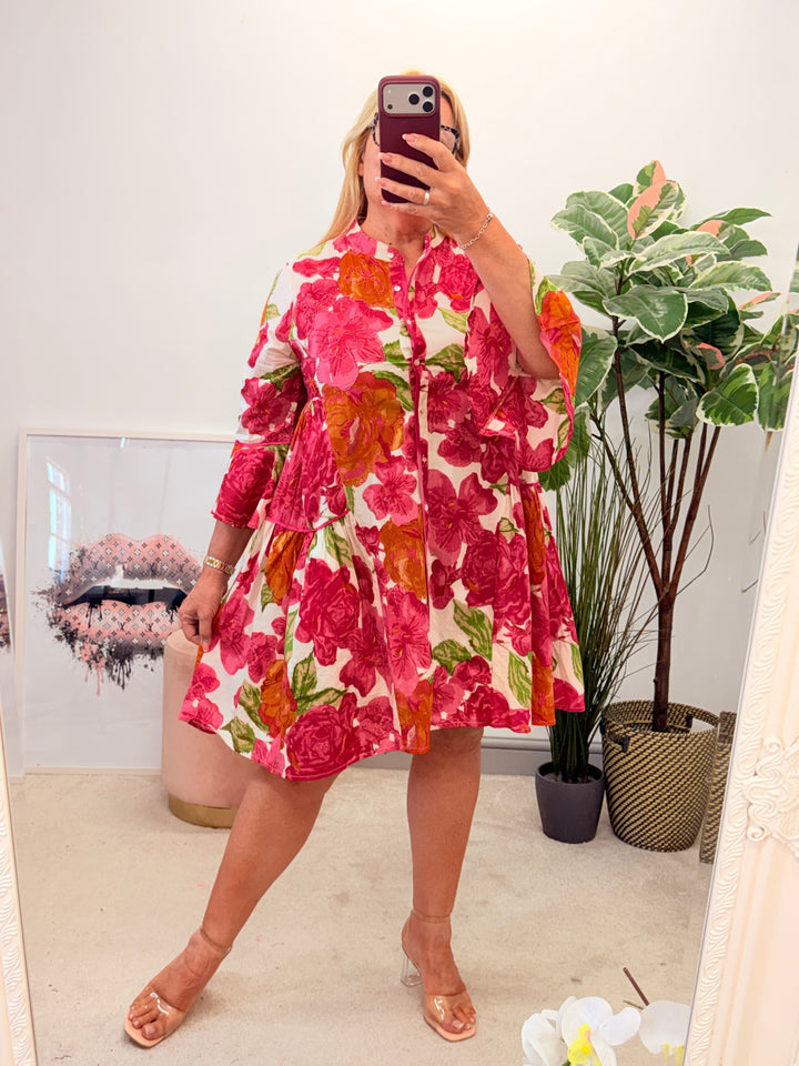 Ladies Pink Flower Print Swing Smock Summer Mini Dress