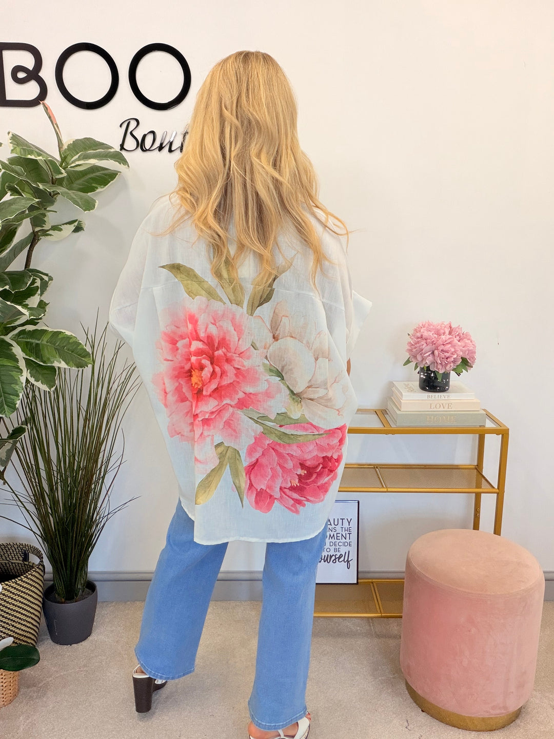 Ladies Cream Linen Rose Print Overize Summer Shirt Top