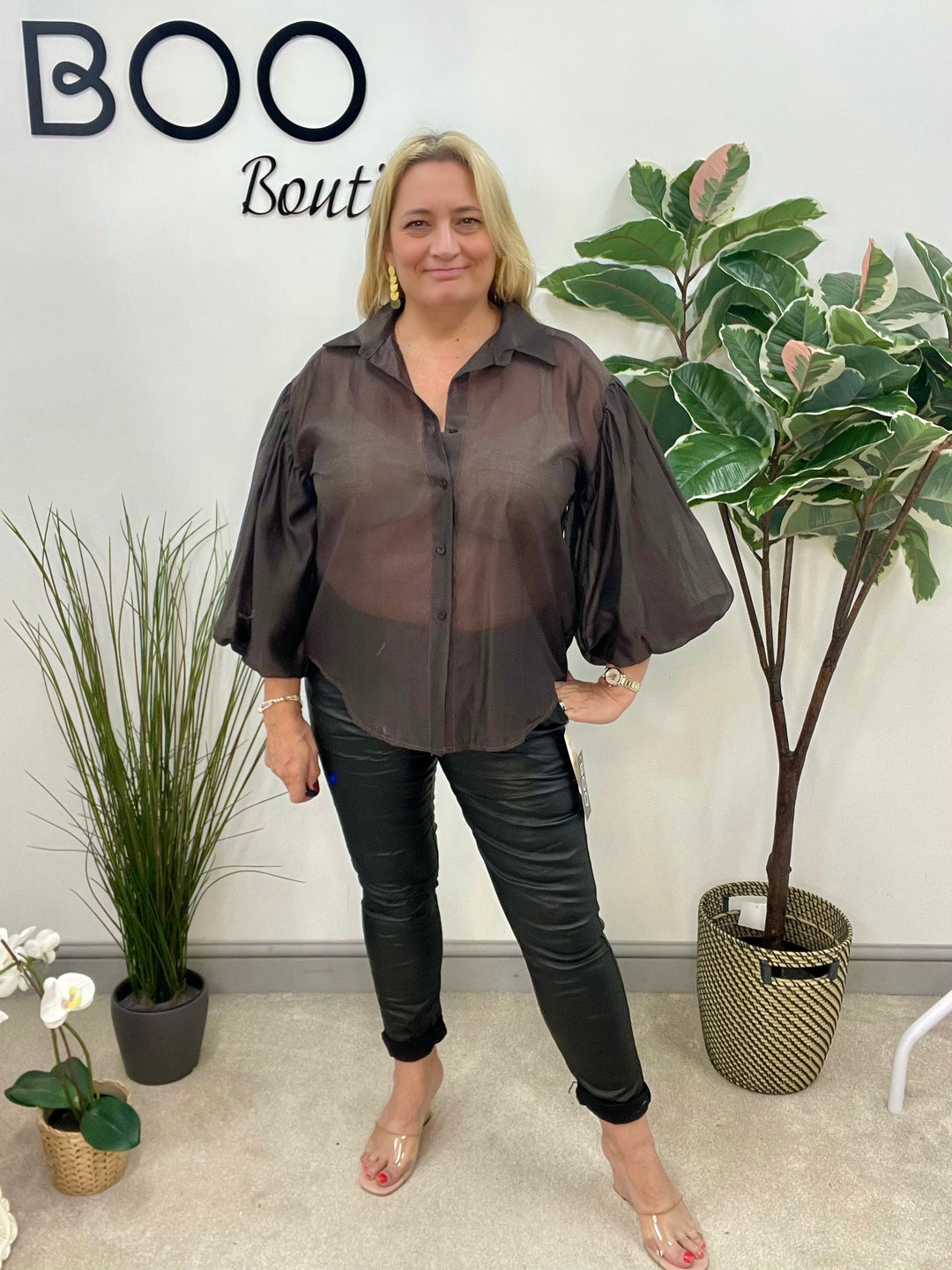 LADIES SHEER PUFF SLEEVE BLOUSE - OLIVE, BLACK, CREAM, TAUPE, WINE, BROWN