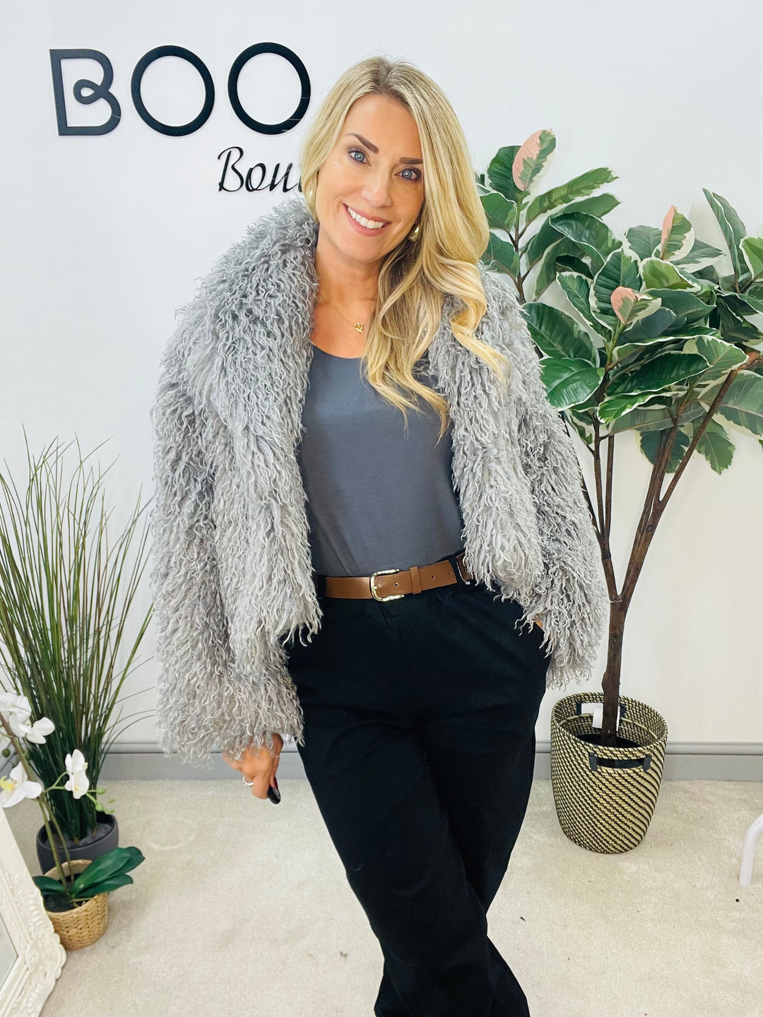 LADIES SHAGGY FLUFFY BOLERO JACKET - BEIGE, GREY & BROWN