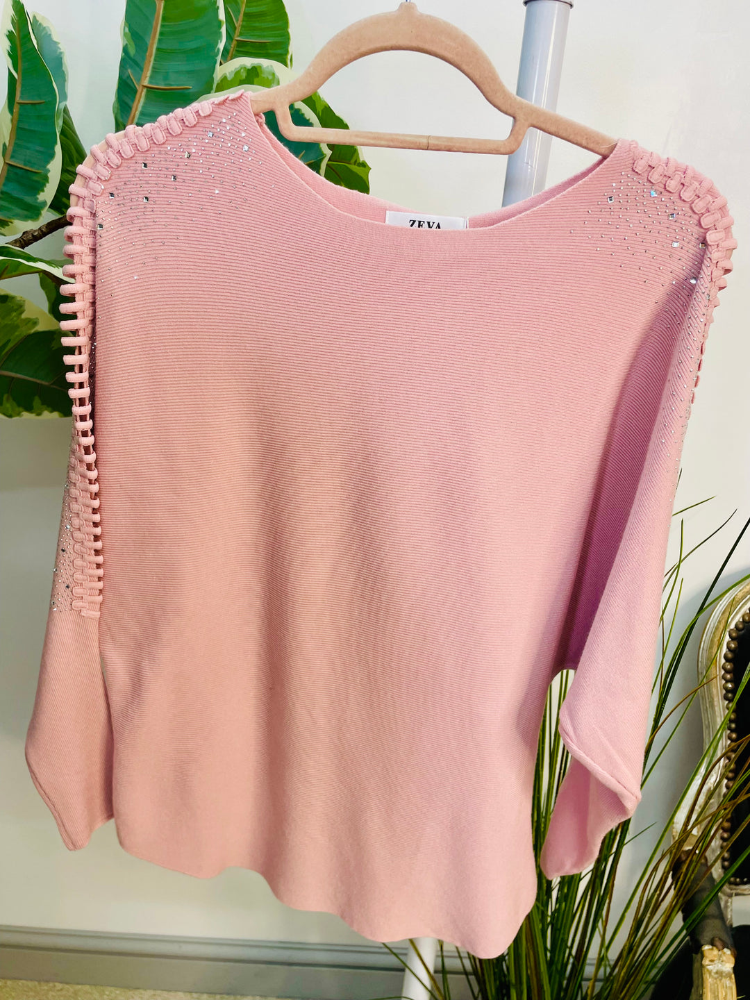 LADIES DIAMANTE BATWING JUMPER PINK