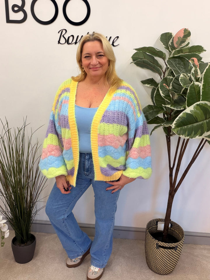 LADIES RAINBOW PASTEL STRIPE CHUNKY KNIT OVERSIZE CARDIGAN