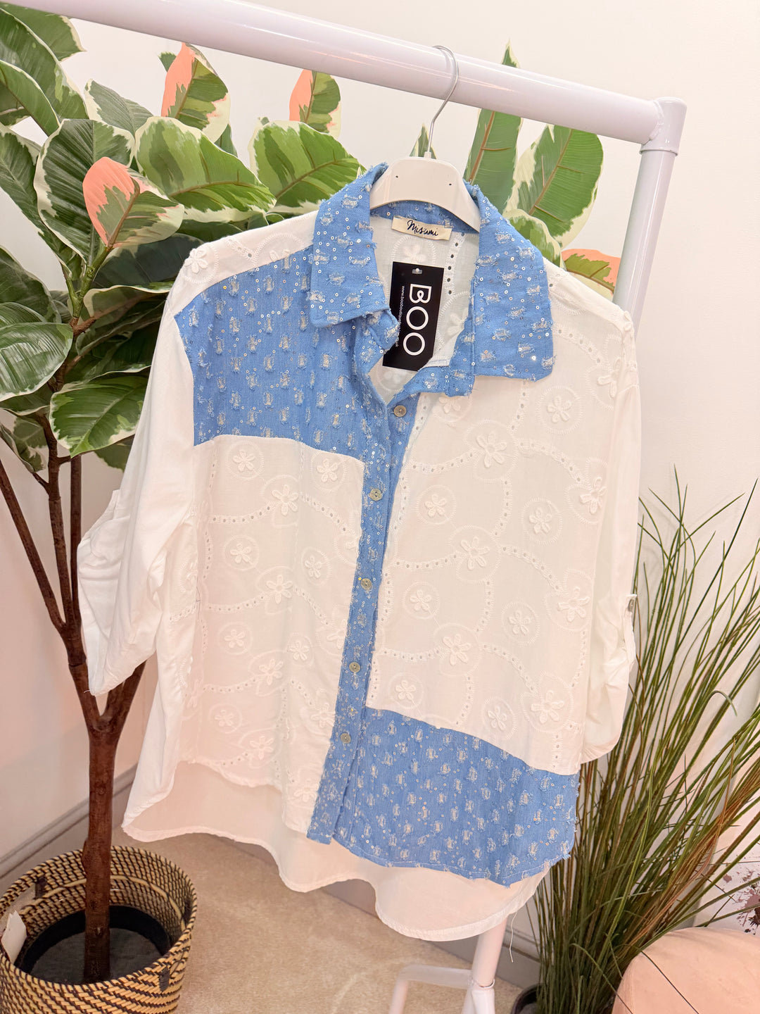 Ladies Fashion White Broderie Anglaise Denim Shirt