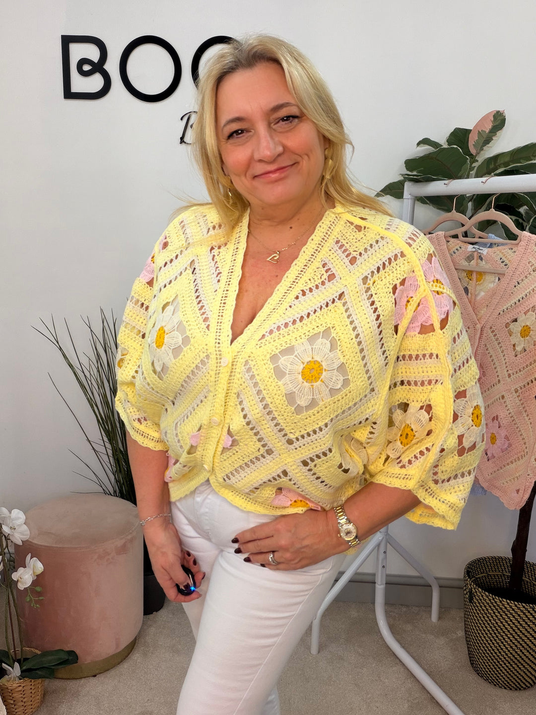 Ladies Fashion Crochet Shrug Cardigan - lemon, blue & pink