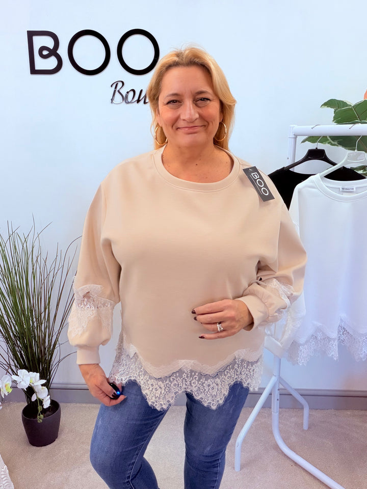 LADIES FASHION LACE EDGE TOP - BLACK, WHITE & BEIGE