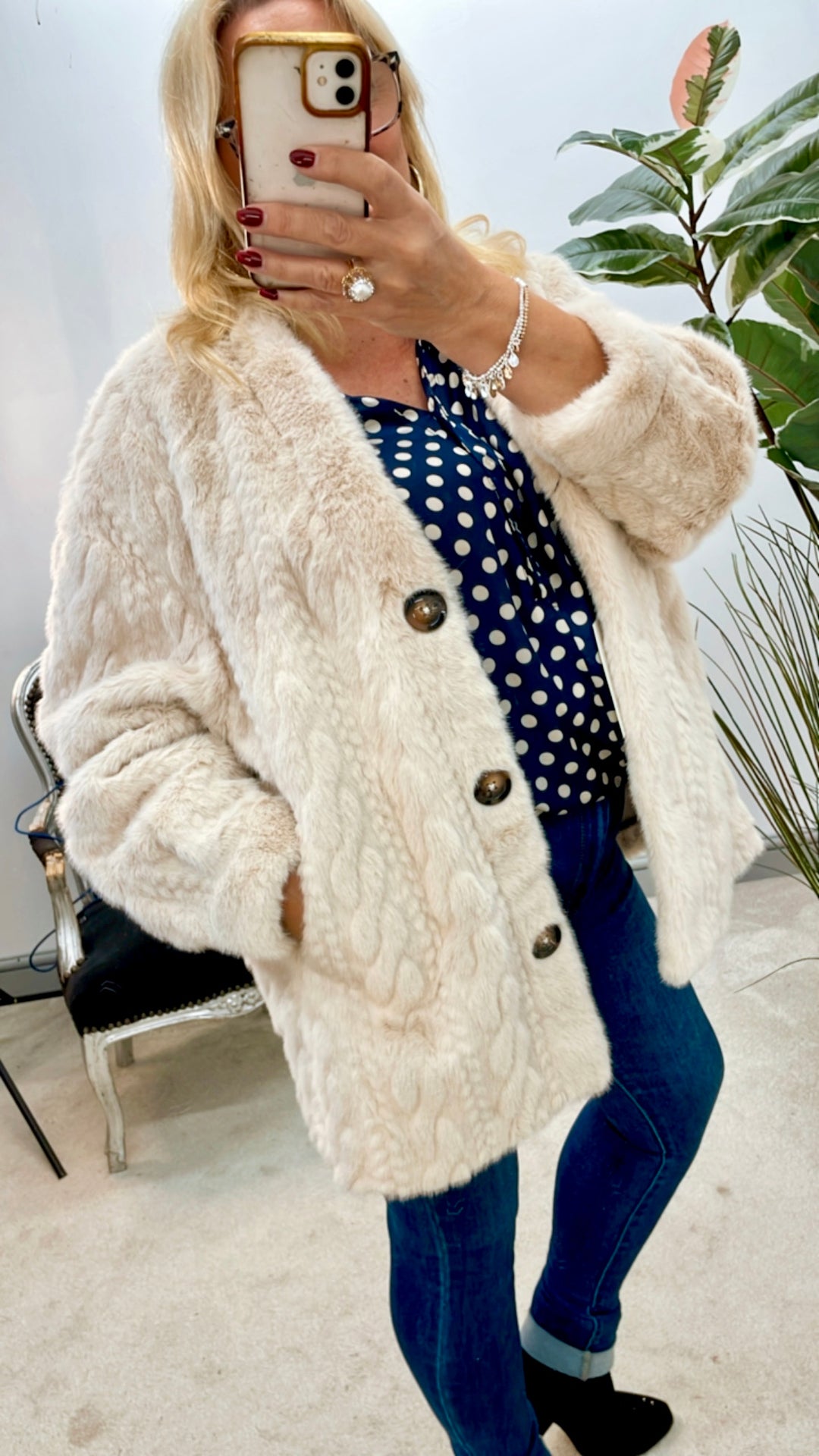 LADIES FASHION CABLE FAUX FUR JACKET - BEIGE, BROWN & BLACK