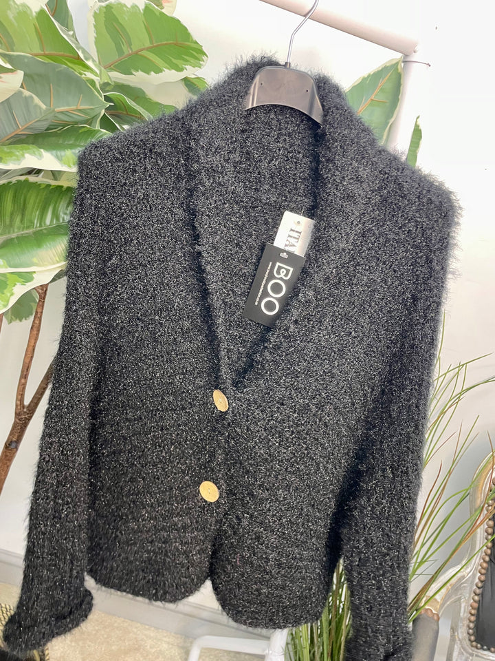 LADIES FLUFFY KNIT CARDIGAN - KHAKI, NAVY, GREY, BLACK, BEIGE, BROWN