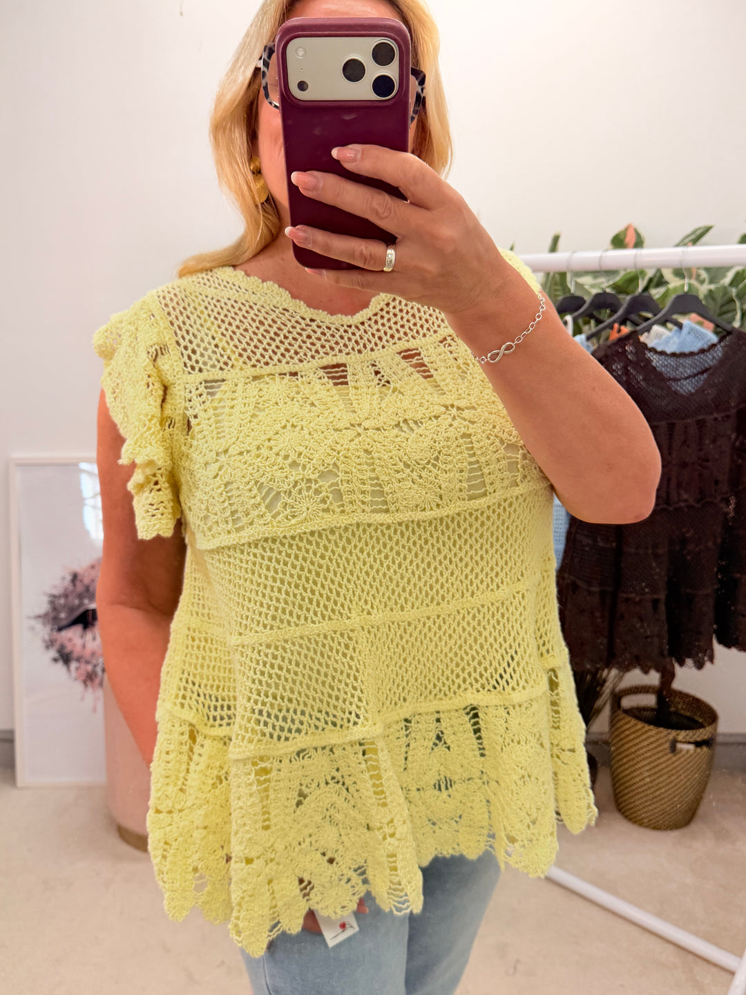 Ladies Pretty Crochet Top - lemon, white, blue, brown & coral 