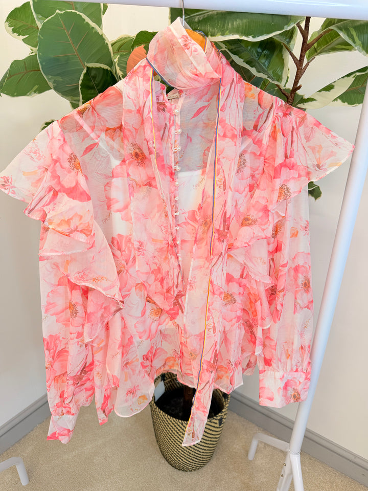 Ladies Sheer Pink Frill Blouse Top