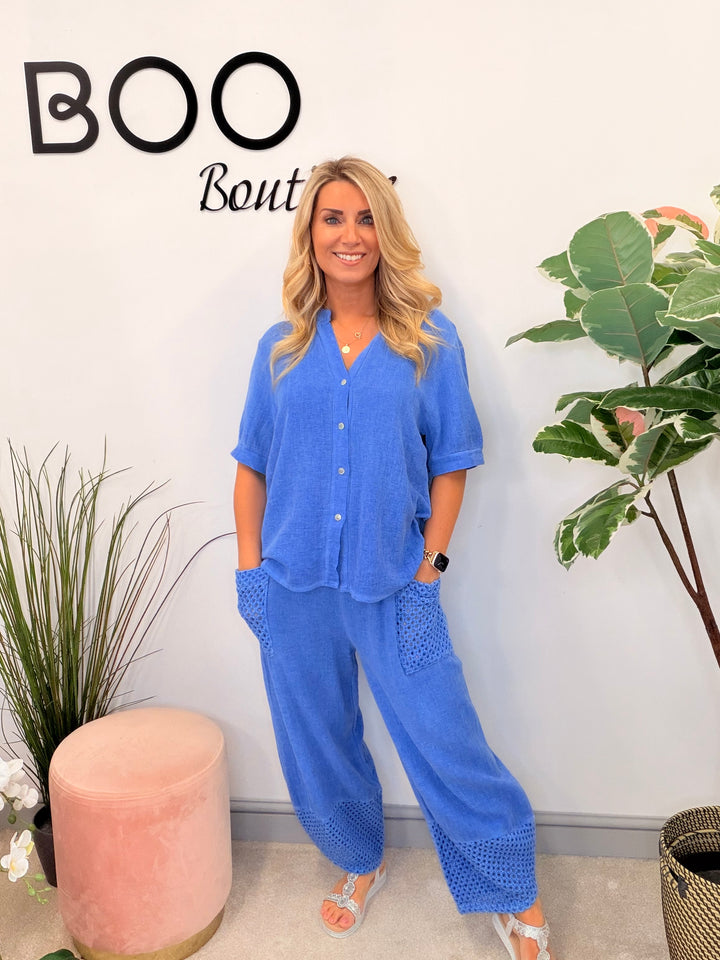 Ladies Fashion Tea Bag Linen Button Up Shirt Top royal blue