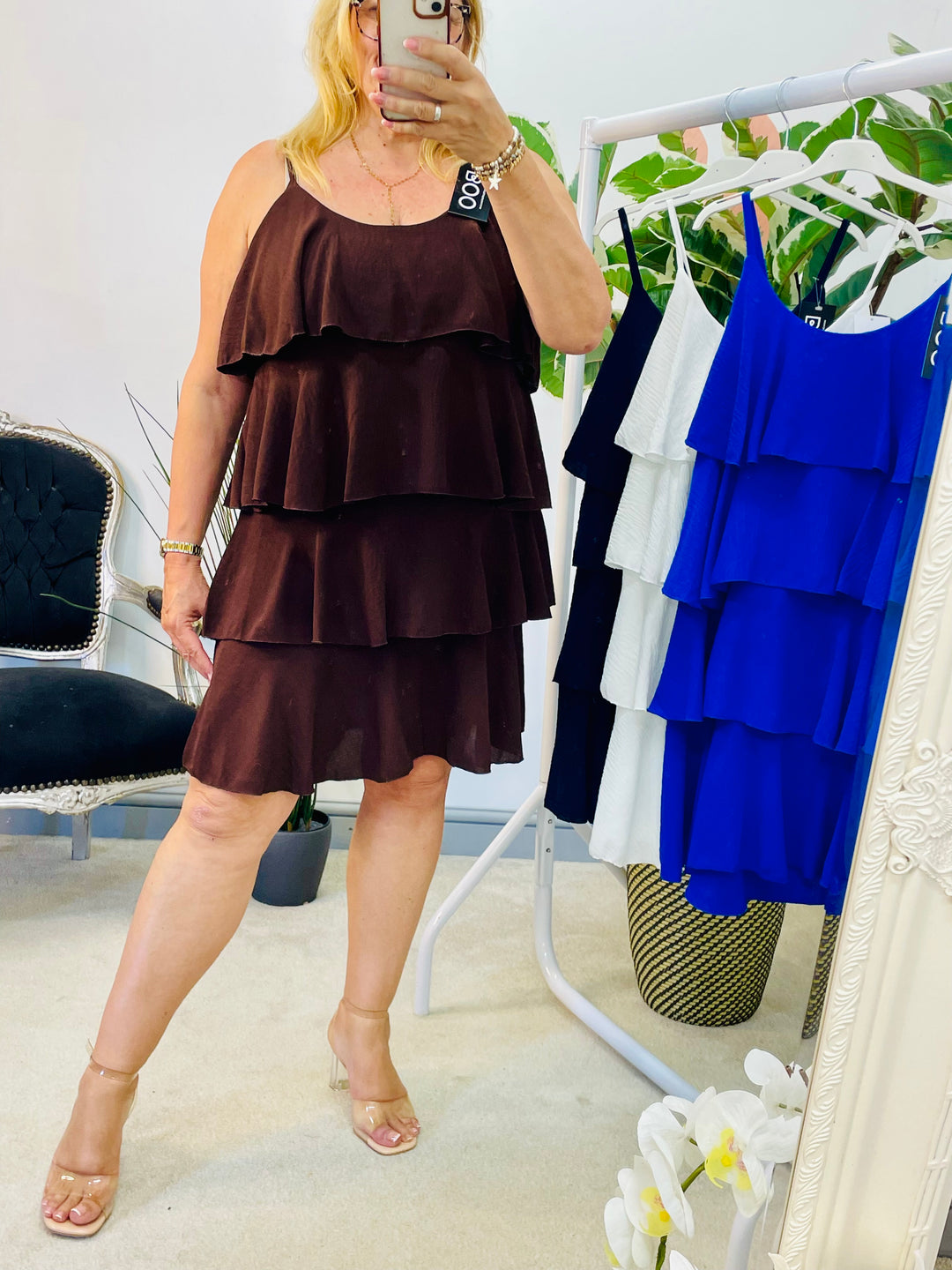 LADIES FRILL SUMMER STRAPPY SUN DRESS - NAVY, WHITE, ROYAL BLUE & BROWN